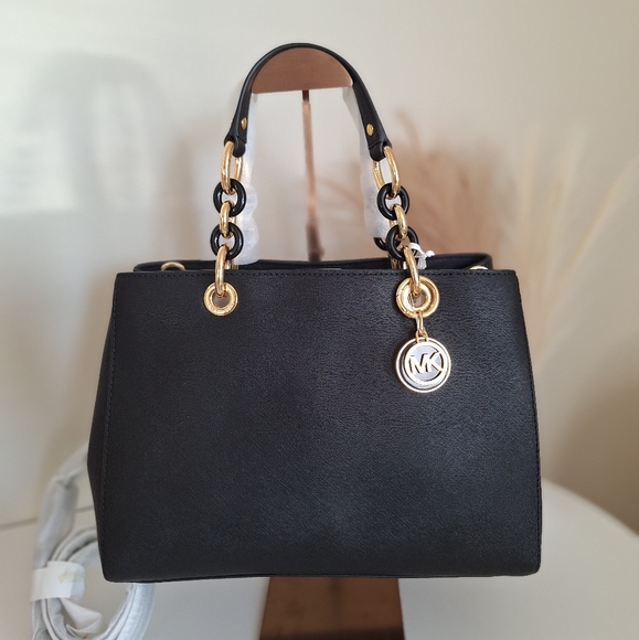 NWT Michael Kors Cynthia Satchel Black Gold Chain Bag Saffiano Leather